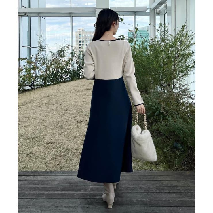 【ハレの日・通勤】スクエアネック バイカラー ニットワンピース | Couture brooch | 詳細画像31 