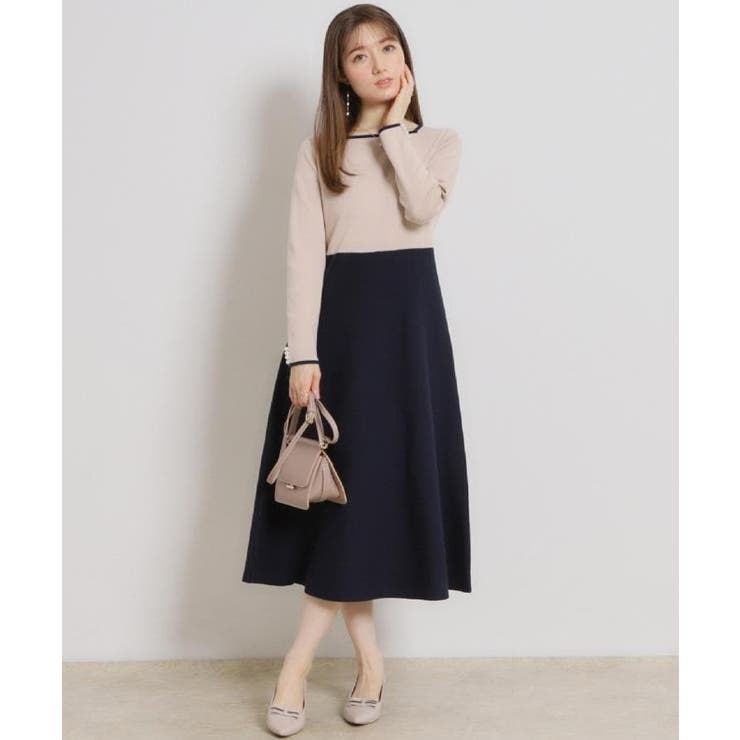 【ハレの日・通勤】スクエアネック バイカラー ニットワンピース | Couture brooch | 詳細画像26 