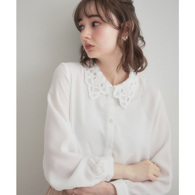 オフホワイト(003) | レース衿ジョーゼットブラウス | Couture brooch