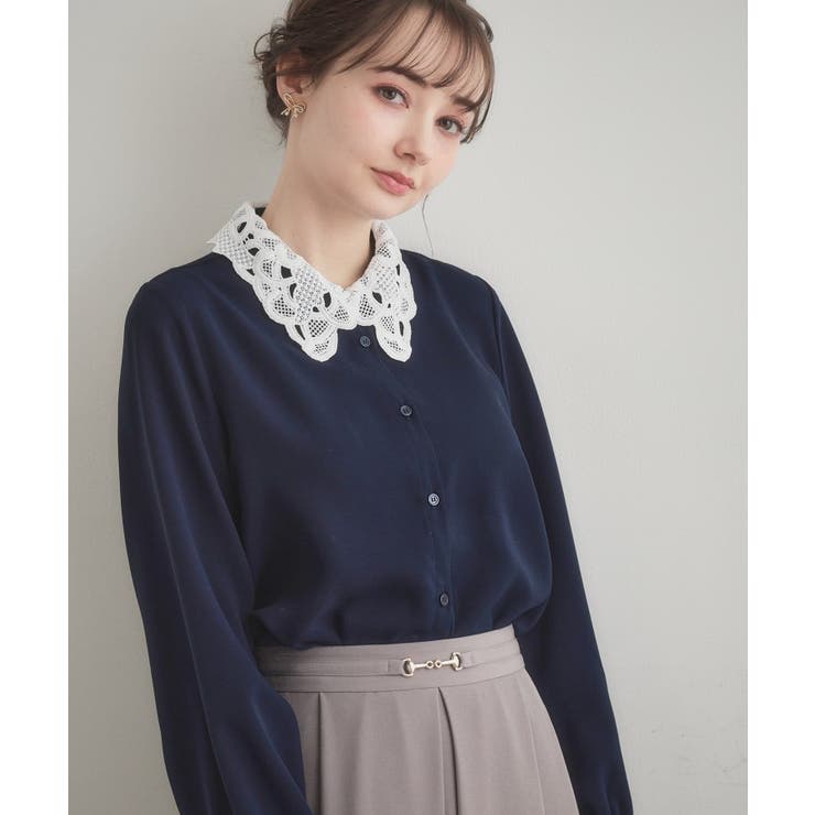 ネイビー(094) | レース衿ジョーゼットブラウス | Couture brooch