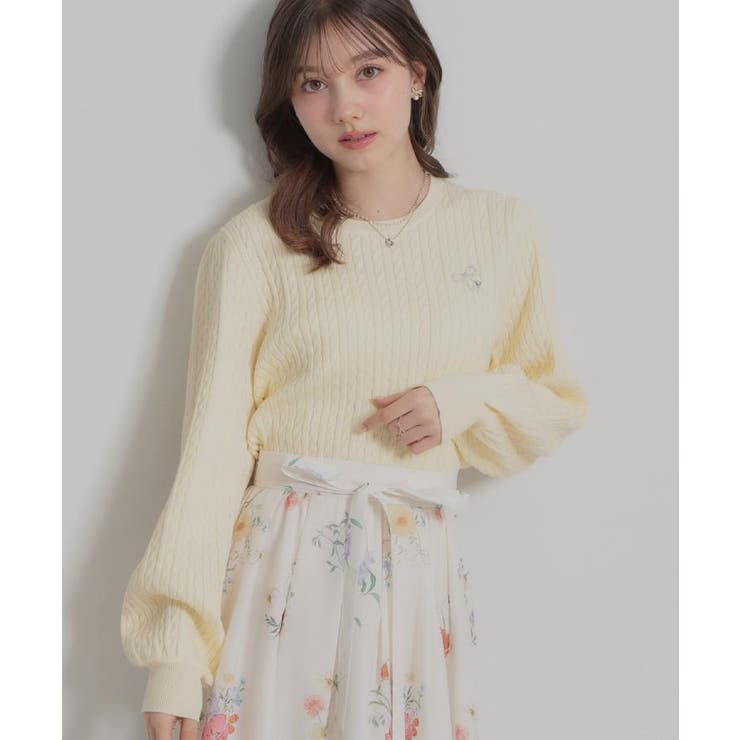 【洗える】リボンエンブロ細ケーブルニット | Couture brooch | 詳細画像14 