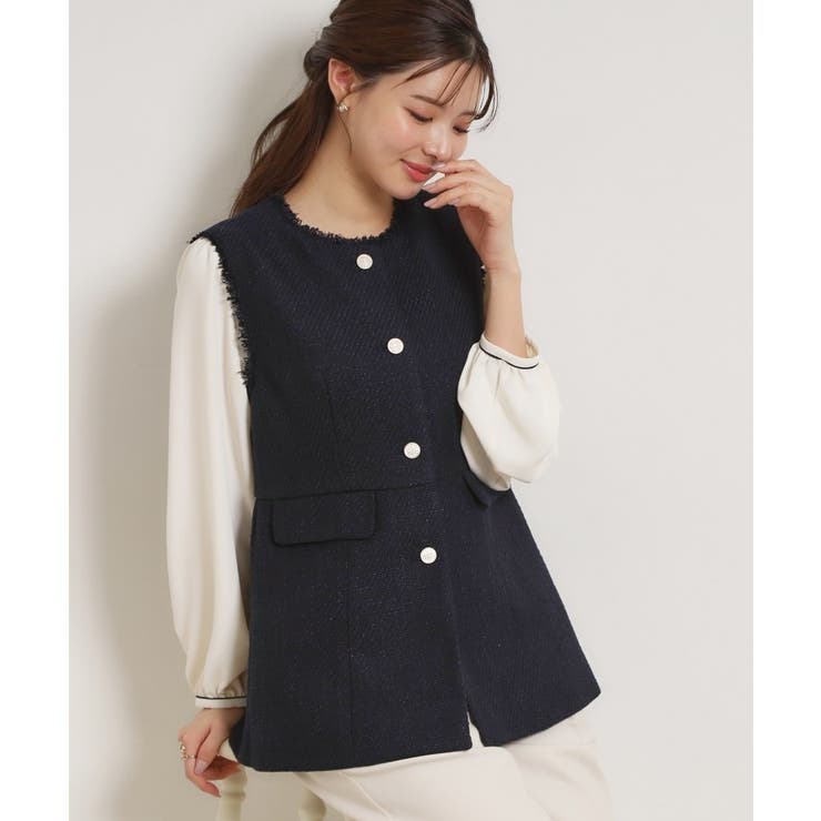 ネイビー(094) | カルゼスラブツイードジレ | Couture brooch