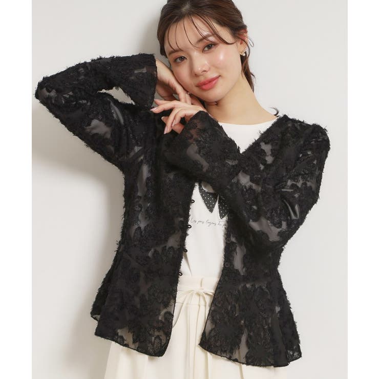 ブラック(019) | ペプラムフラワーモチーフブラウス | Couture brooch