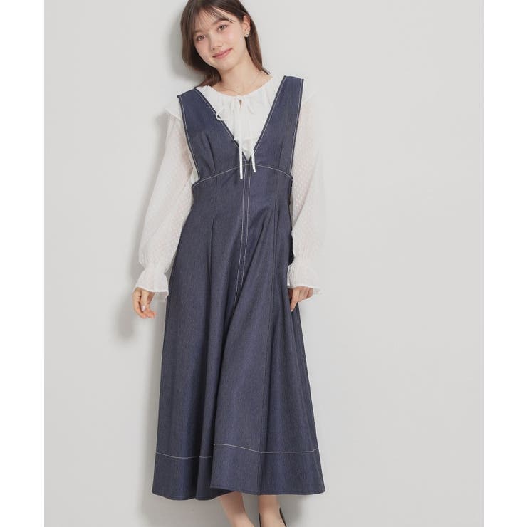 ネイビー(094) | 【洗える】デニムライク細リボンジャンスカ | Couture brooch