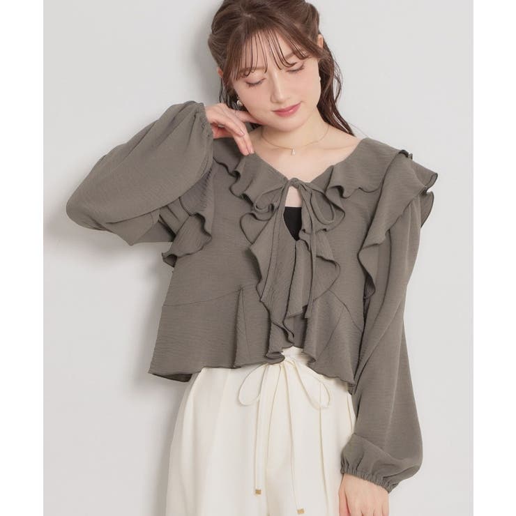 カーキ(027) | ラッフルショートブラウス | Couture brooch