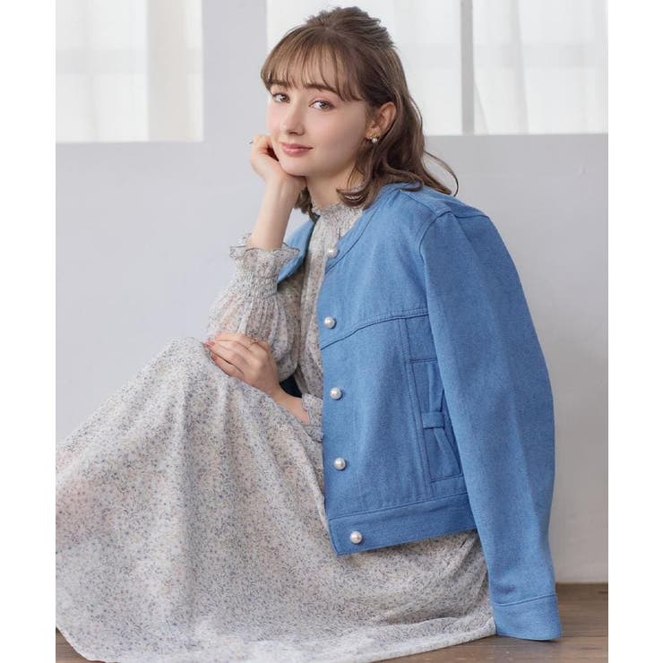 ブルー(091) | 【洗える・綿100％】パール調ボタン デニムジャケット | Couture brooch
