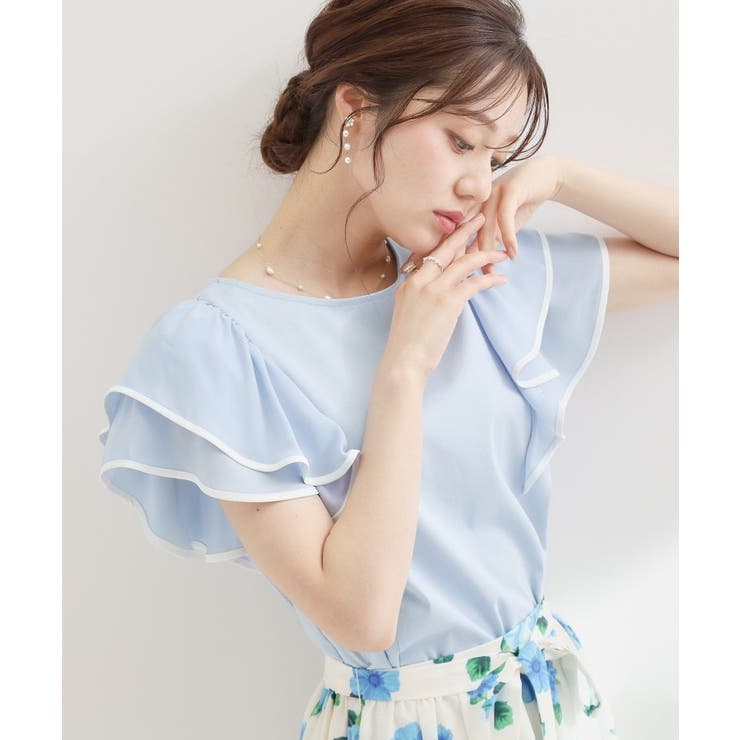 サックスブルー(590) | 【接触冷感・UVカット・洗える】ラッフル フレアスリーブ トップス | Couture brooch
