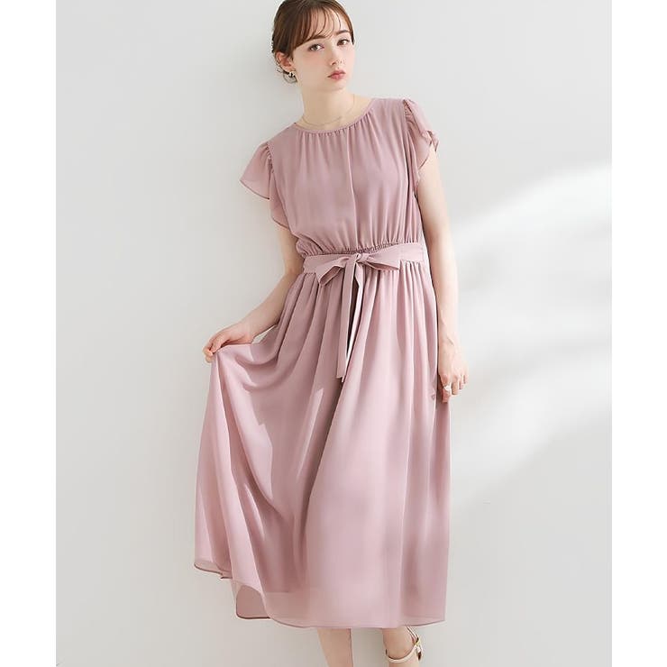ピンク(072) | 【洗える】袖フリル シフォン ギャザーワンピース | Couture brooch