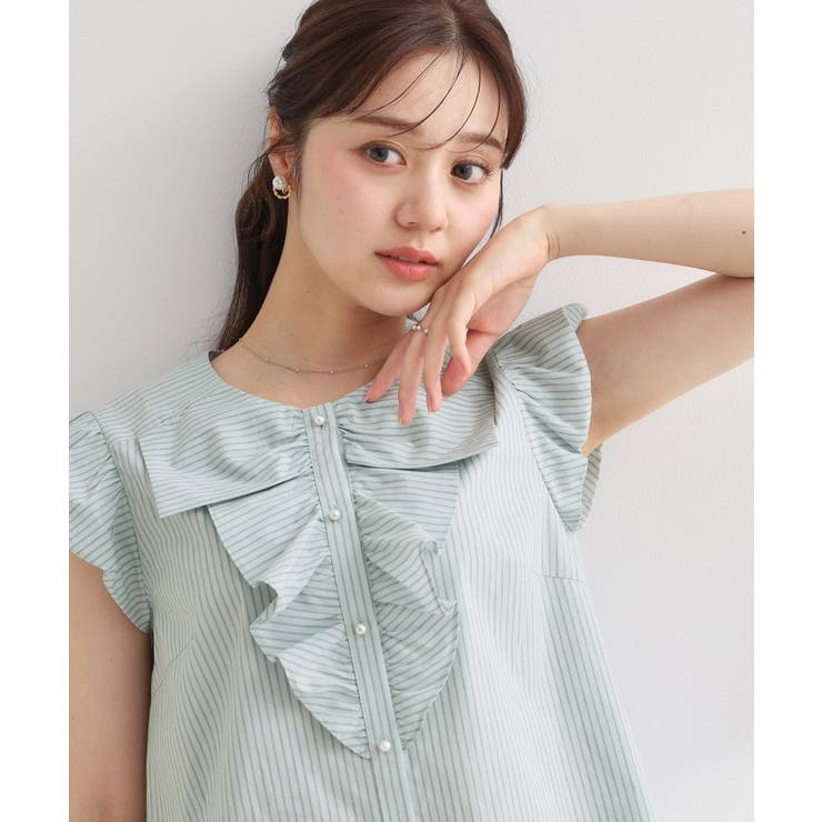 ブルー(391) | 【洗える】リボン調フリル ストライプ ブラウス | Couture brooch