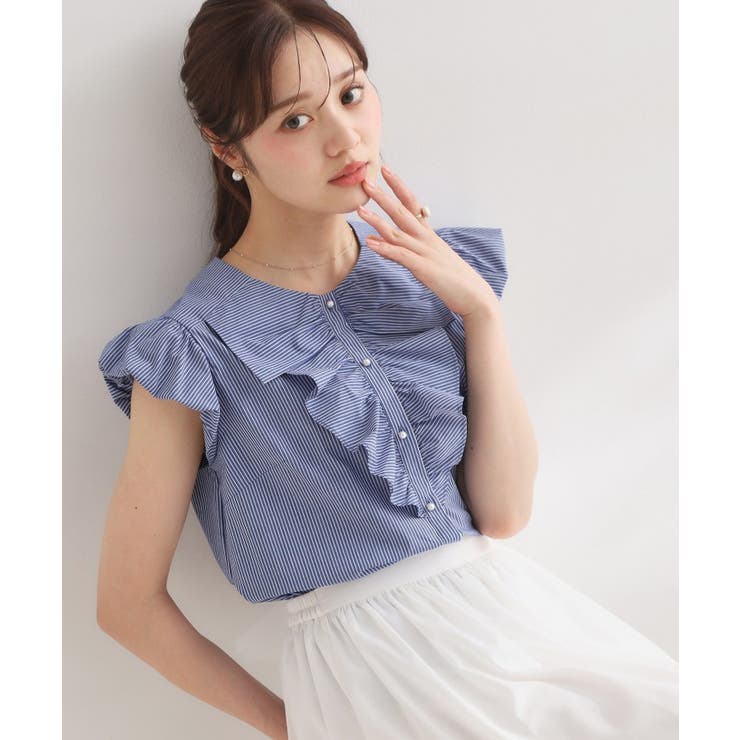 ブルー(392) | 【洗える】リボン調フリル ストライプ ブラウス | Couture brooch