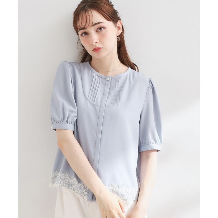 ブルー(592) | 【洗える】ピンタック 裾レース ブラウス | Couture brooch