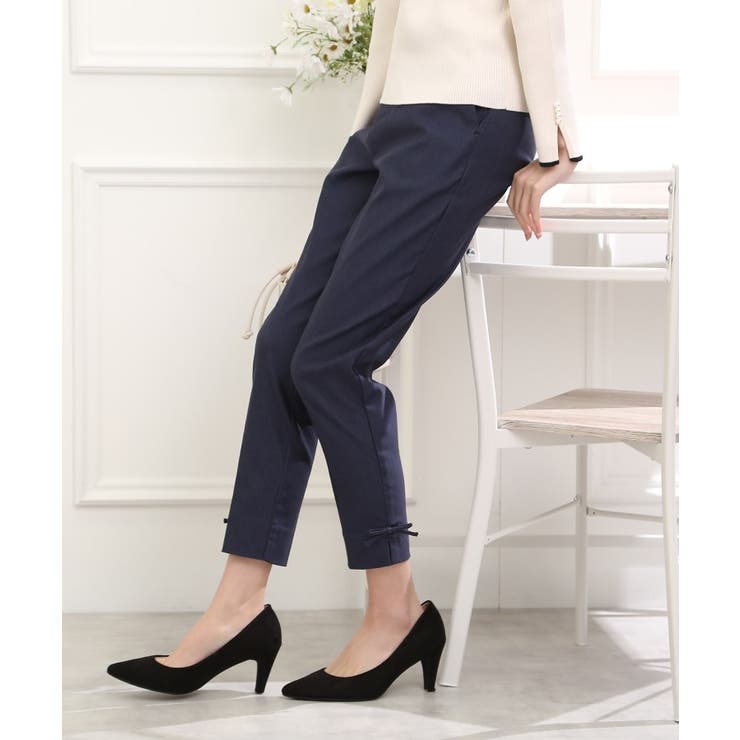 ネイビー(093) | 【ラクチンきれい見えパンツ】リボンハイパーストレッチパンツ | Couture brooch