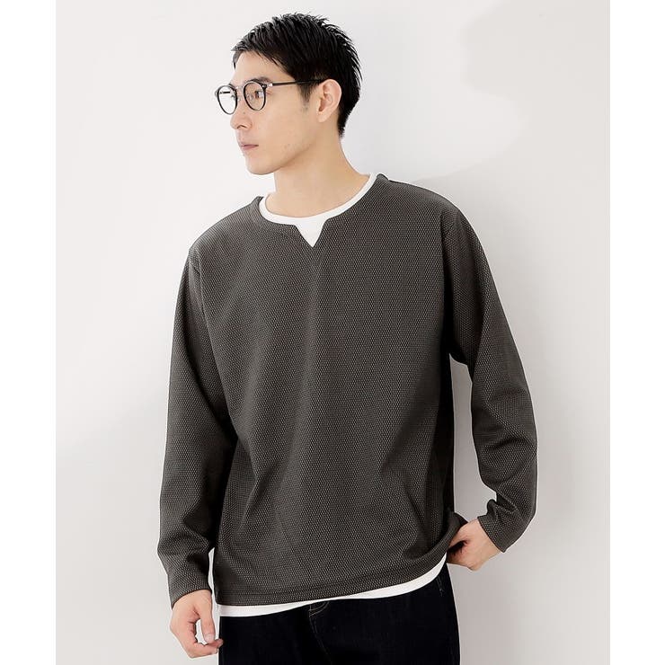 チャコールグレー(013) | 【一枚でコーディネートが完成！】レイヤード風キーネック長袖Tシャツ 洗濯機OK | THE SHOP TK