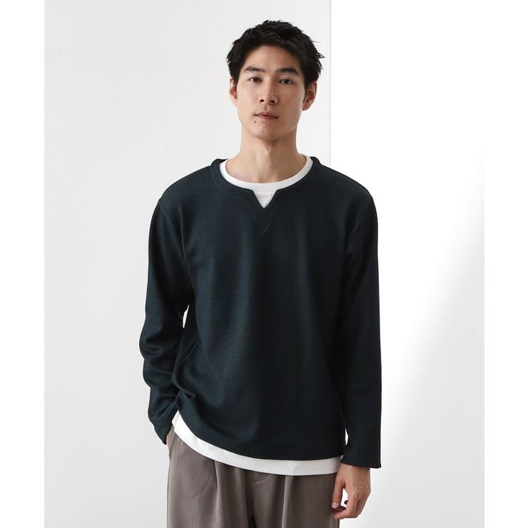 グリーン(024) | 【一枚でコーディネートが完成！】レイヤード風キーネック長袖Tシャツ 洗濯機OK | THE SHOP TK