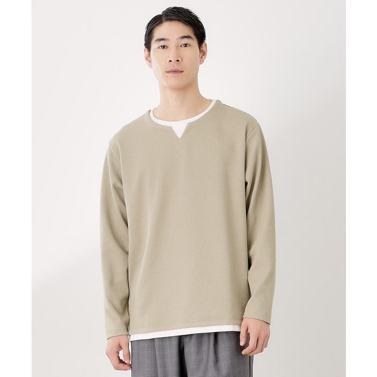 ライトベージュ(051) | 【一枚でコーディネートが完成！】レイヤード風キーネック長袖Tシャツ 洗濯機OK | THE SHOP TK