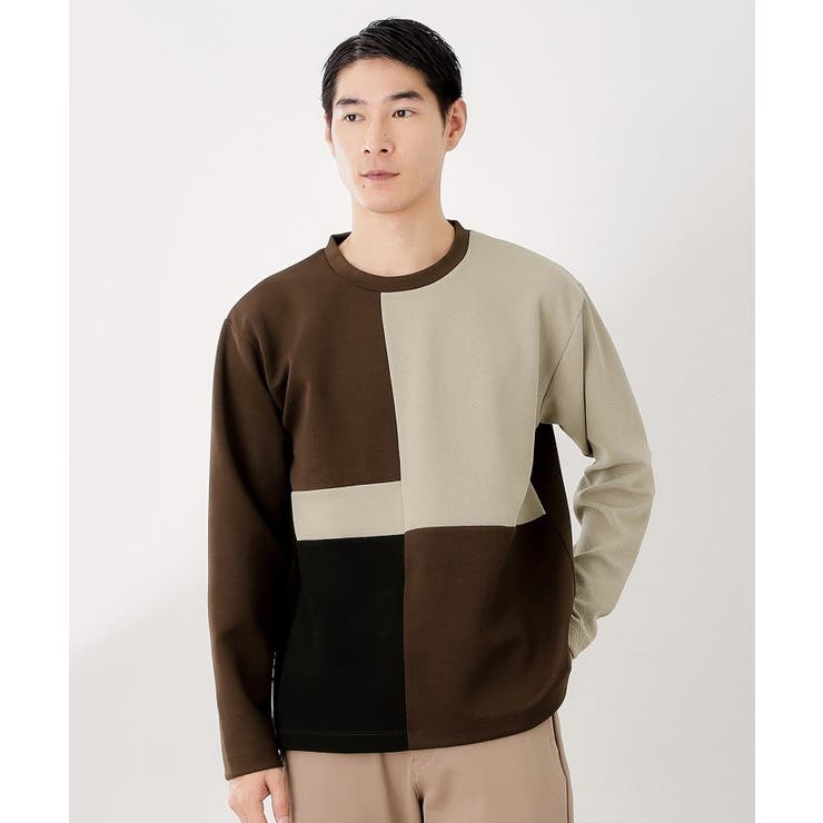 ブラウン(043) | 【一枚で着映える】パターンブロッキング長袖Tシャツ 洗濯機OK | THE SHOP TK