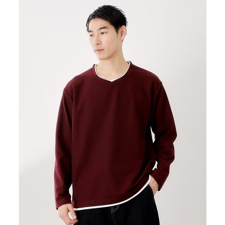 ボルドー(064) | 【一枚でコーディネートが完成！】レイヤード風クルーネック長袖Tシャツ 洗濯機OK | THE SHOP TK
