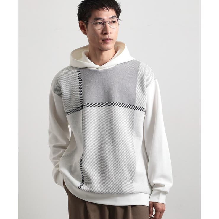 オフホワイト(203) | 【大人の休日スタイルにはこれ！】フロントチェック柄ニットパーカ 洗濯機OK | THE SHOP TK