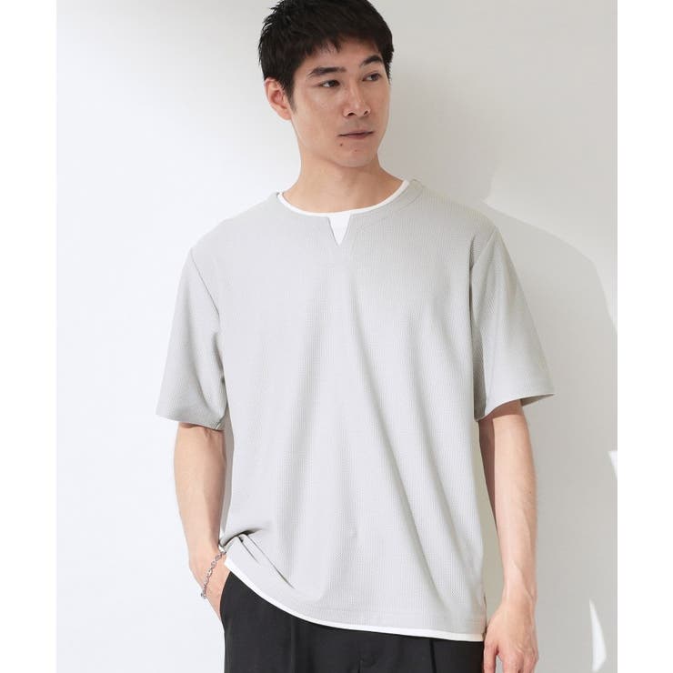 ライトグレー(011) | 【一枚でコーディネートが完成！】レイヤード風 キーネック 半袖Tシャツ | THE SHOP TK