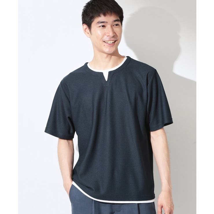 ネイビー(094) | 【一枚でコーディネートが完成！】レイヤード風 キーネック 半袖Tシャツ | THE SHOP TK