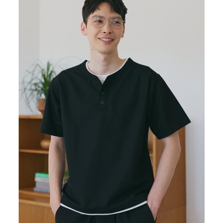 ブラック(019) | 【1枚でちゃんとして見える】ヘンリーネック レイヤード風 半袖Tシャツ | THE SHOP TK