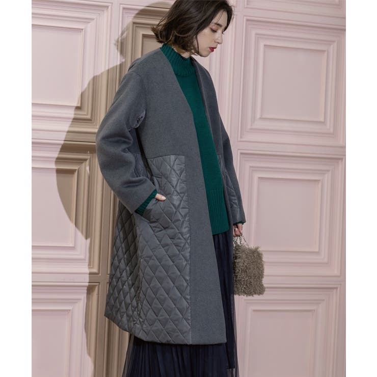 ウールカシミヤブレンド キルティングドッキングノーカラーコート【軽量】美品 S-LLsize》ウールカシミヤブレンド キルティングドッキングコート[品番