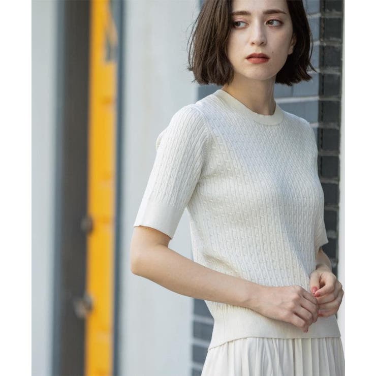 アイボリー(004) | ケーブルハーフスリーブニット【UVケア/洗濯機OK】《6col/S～LL》 | OPAQUE.CLIP