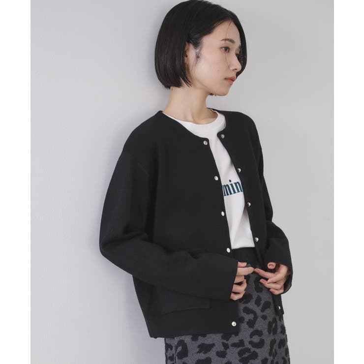 ブラック(019) | スナップボタン ダブルフェイス配色ニットカーディガン【洗濯機OK】 | OPAQUE.CLIP