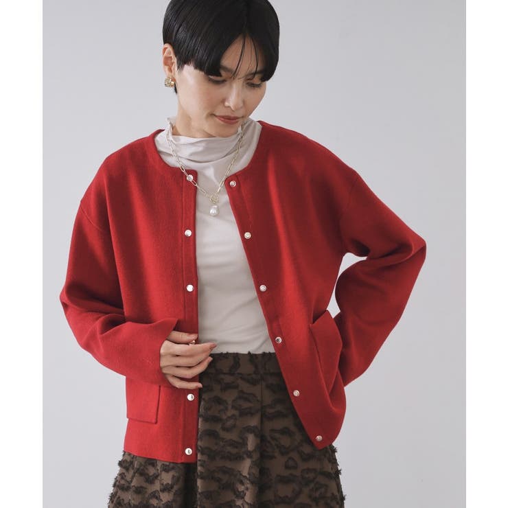 レッド(063) | スナップボタン ダブルフェイス配色ニットカーディガン【洗濯機OK】 | OPAQUE.CLIP