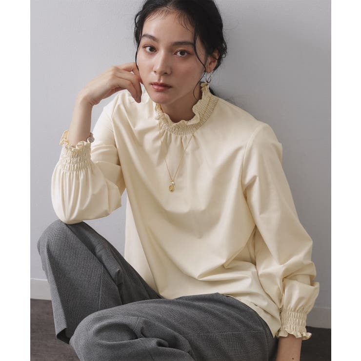 アイボリー(004) | シャーリングハイネックブラウス【洗濯機OK】 | OPAQUE.CLIP