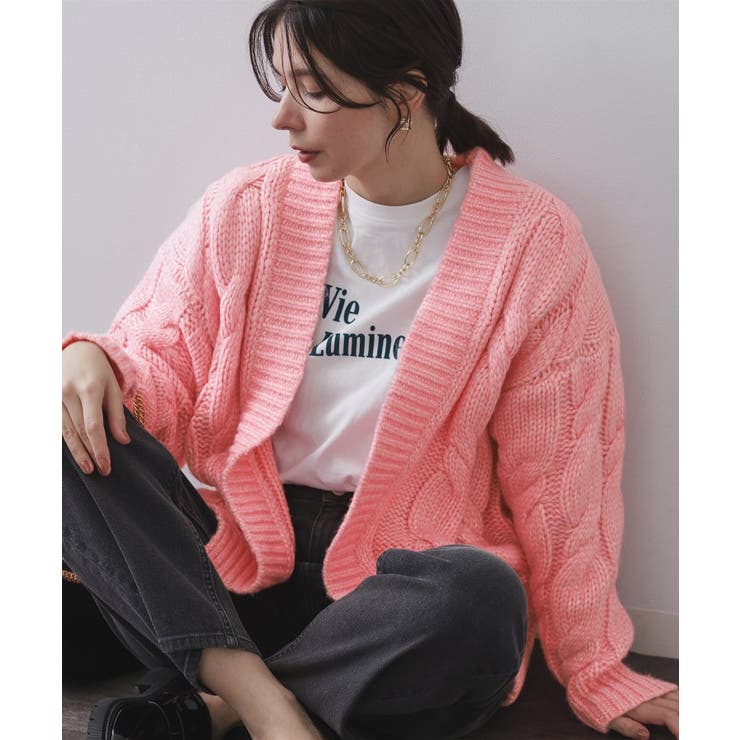 ピンク(072) | ケーブルローゲージニットカーディガン【洗濯機OK】 | OPAQUE.CLIP
