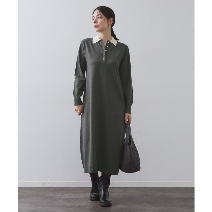 配色ポロ衿ニットワンピース【洗濯機OK】 | OPAQUE.CLIP | 詳細画像1 