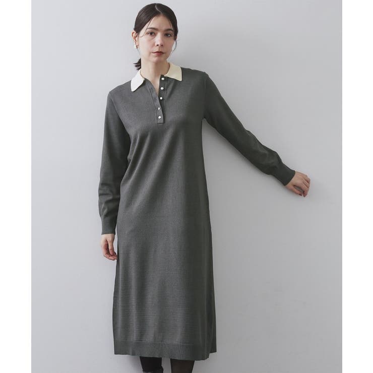 チャコールグレー(514) | 配色ポロ衿ニットワンピース【洗濯機OK】 | OPAQUE.CLIP