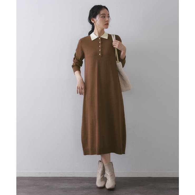 ブラウン(544) | 配色ポロ衿ニットワンピース【洗濯機OK】 | OPAQUE.CLIP
