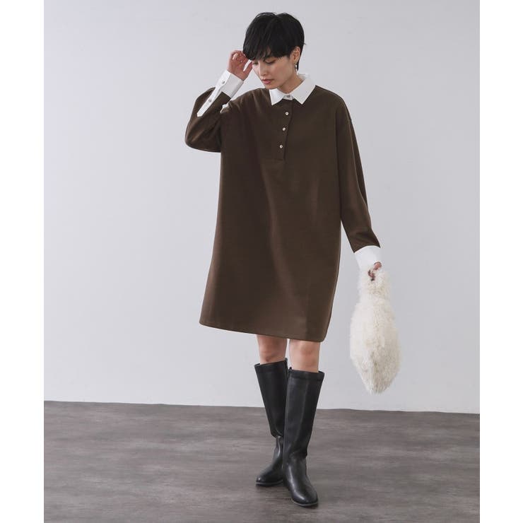 ブラウン(044) | ポロ衿配色ミニワンピース【洗濯機OK】 | OPAQUE.CLIP