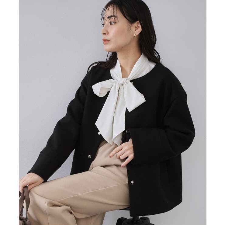 ブラック(019) | ウールライクメルトン ノーカラーコート【洗濯機OK】 | OPAQUE.CLIP