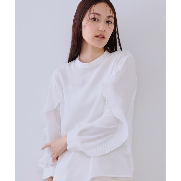 ホワイト(001) | 《美人百花掲載》プリーツフリルスリーブブラウス【洗濯機洗い可】 | OPAQUE.CLIP