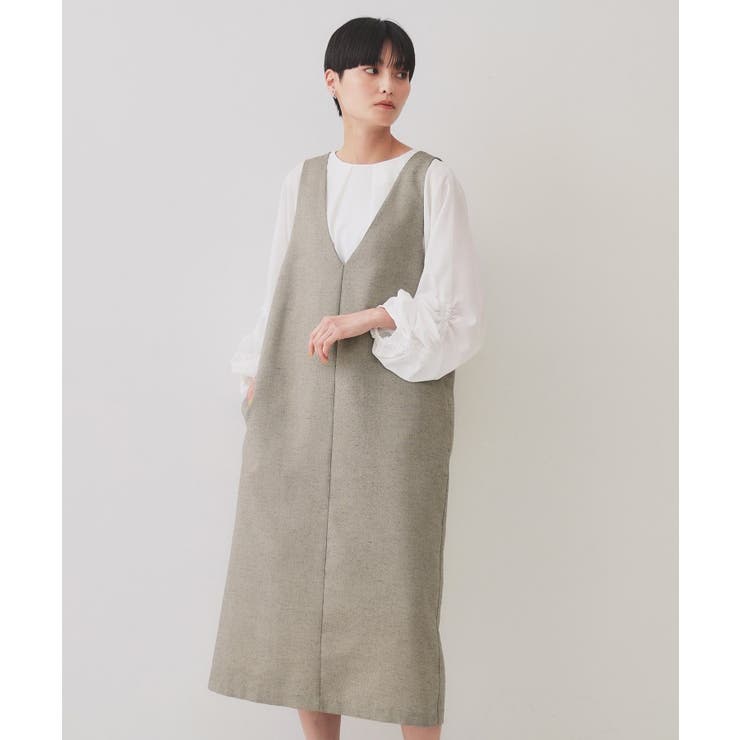 ベージュ(652) | 麻混ラメジャンパースカート【洗濯機洗い可】 | OPAQUE.CLIP