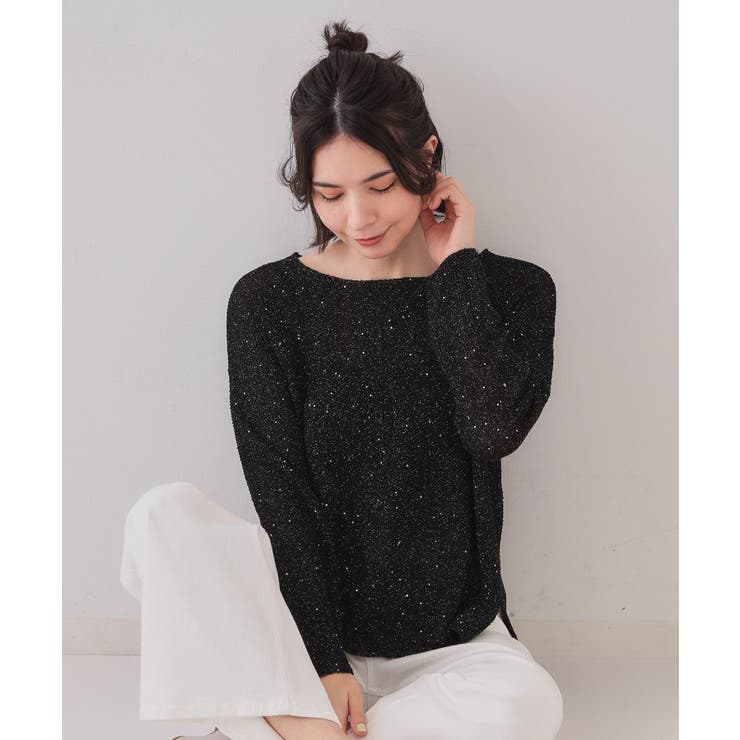 ブラック(619) | スパンコールボートネックニット【洗濯機洗い可】 | OPAQUE.CLIP