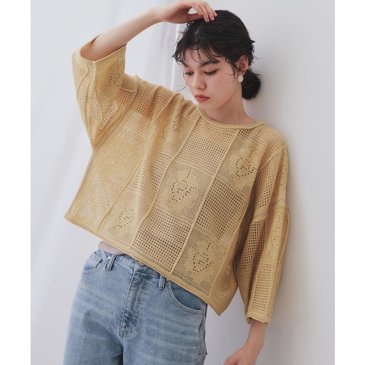 ライトイエロー(030) | 麻混モチーフ柄スカシニット【洗濯機洗い可】 | OPAQUE.CLIP