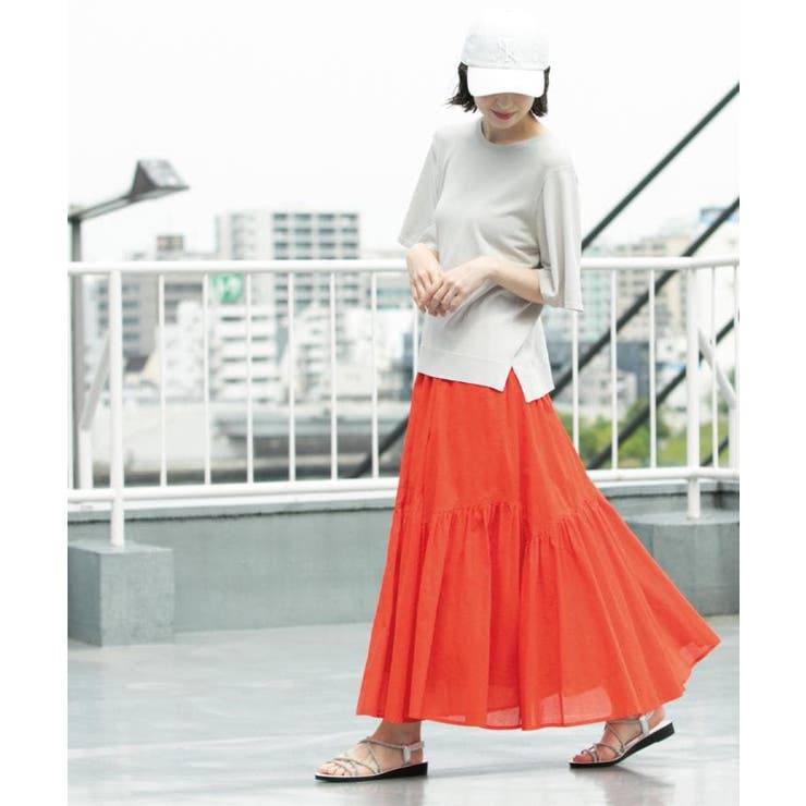 レッド(061) | ギャザーフレアスカート/オーガニックコットン混【洗濯機洗い可】 | OPAQUE.CLIP