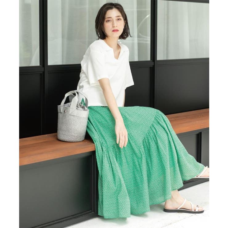 グリーン(122) | ギャザーフレアスカート/オーガニックコットン混【洗濯機洗い可】 | OPAQUE.CLIP