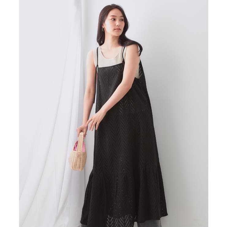 ブラック(019) | インドコットンアイレット刺繍キャミワンピース【洗える】 | OPAQUE.CLIP