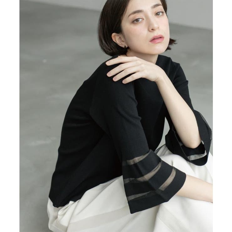 ブラック(019) | 《6色展開》シアーボーダーフレアスリーブニット【洗濯機洗い可】 | OPAQUE.CLIP