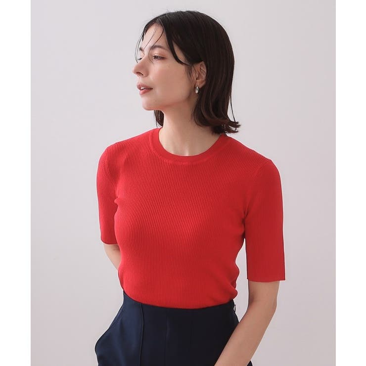 シアーリブハーフスリーブニット【洗濯機洗い可/抗ピル】[品番