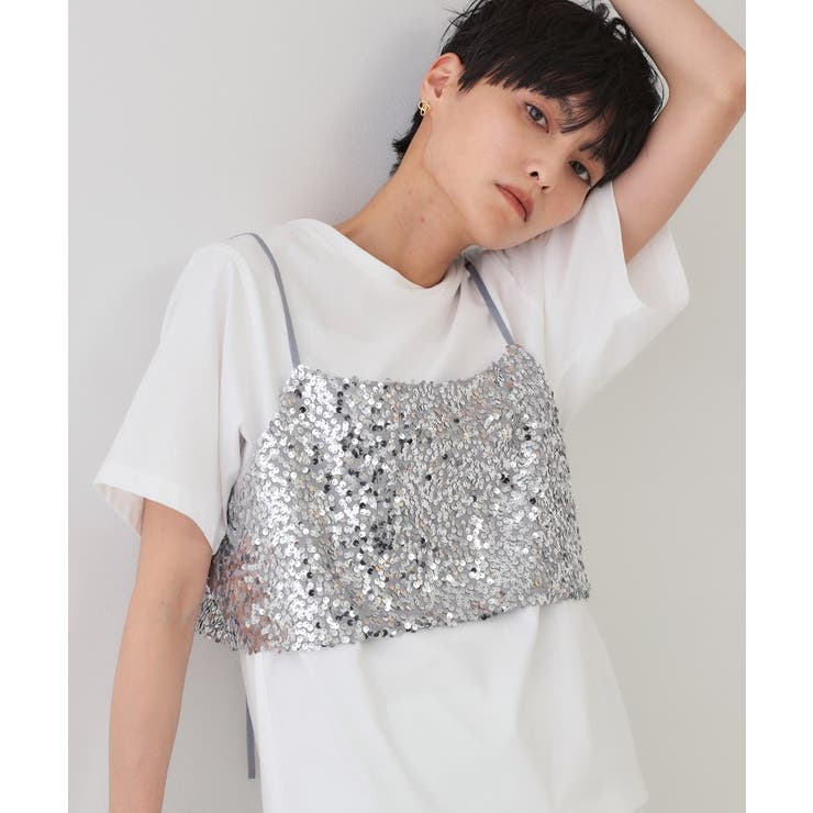 シルバー(006) | 《ツインセット》スパンコールキャミ×Tシャツ【洗濯機洗い可】 | OPAQUE.CLIP
