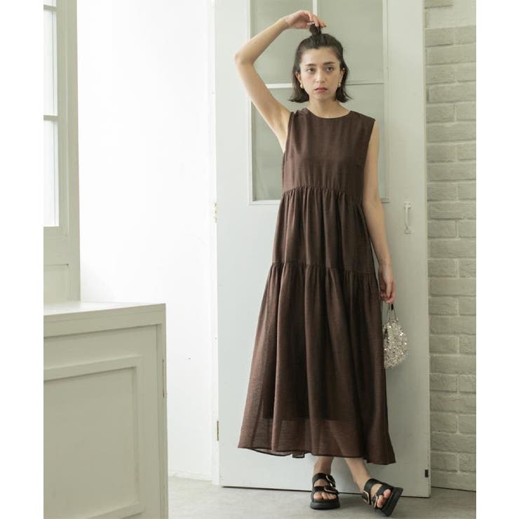 ブラウン(044) | 麻混シアーギャザーティアードワンピース【洗濯機洗い可】 | OPAQUE.CLIP