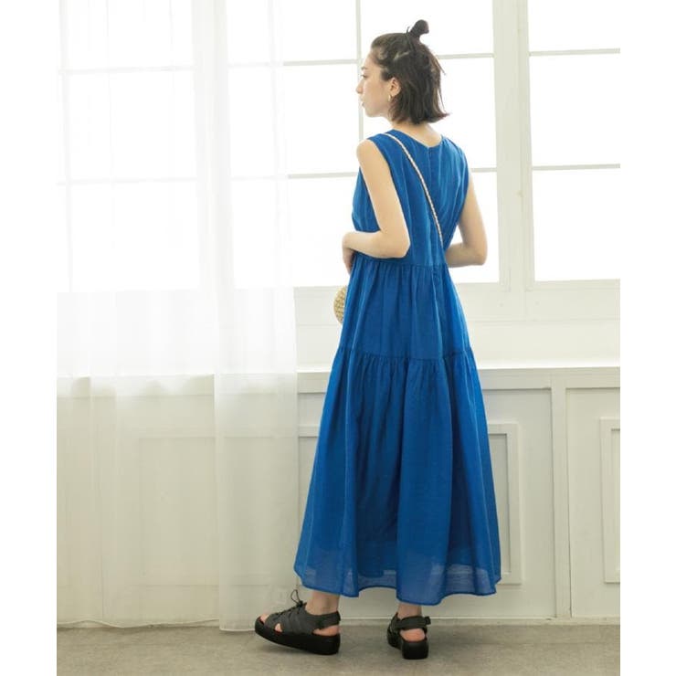 ブルー(093) | 麻混シアーギャザーティアードワンピース【洗濯機洗い可】 | OPAQUE.CLIP