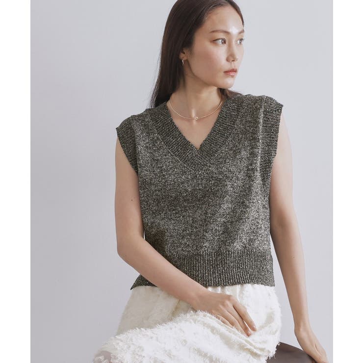 ブラック(619) | スパンコールラメVネックニット【洗える】 | OPAQUE.CLIP