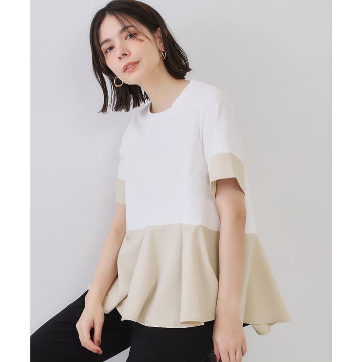 ホワイト(501) | 配色フハクドッキングペプラムトップス【洗濯機洗い可/抗ピル】 | OPAQUE.CLIP